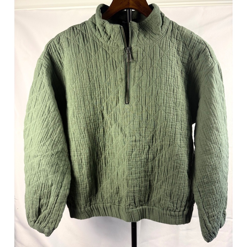 Madewell Small Quilted Double Gauze 1/4 Zip Pullover Sage Green Boho Gorpcore